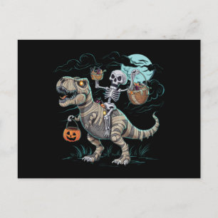 Cartão Postal Abóbora de Halloween com Esqueleto montando Dinoss