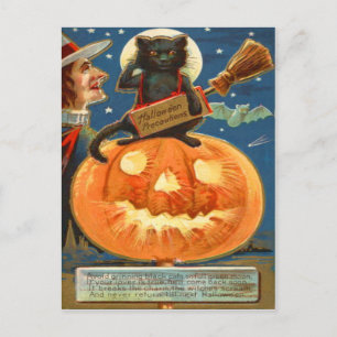 Cartão Postal Abóbora de Halloween Gato Preto Bruxa Morcego