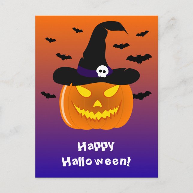 Cartão Postal Abóbora de Halloween Jack o' Lanterna Chapéu de Br (Frente)