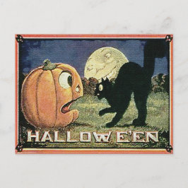 Cartão Postal Abóbora de Halloween Vintage & Gato em Mosaico