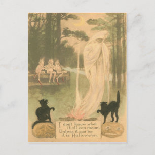 Cartão Postal Abóbora Fantasma Gato Preto Elfos