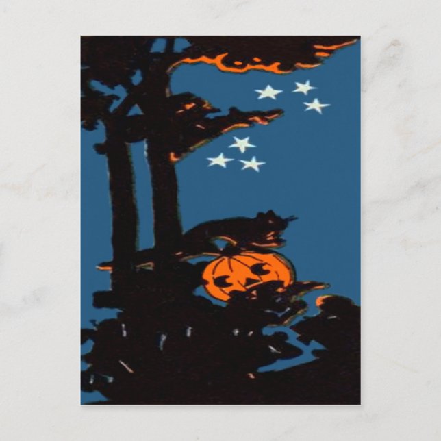 Cartão Postal Abóbora Jack O' Lantern Gato Laranja Preto (Frente)