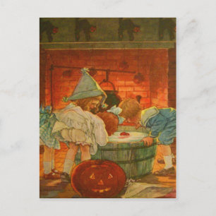 Cartão Postal Abóbora Jack O Lantern Mergulhando Maçã Gato Preto