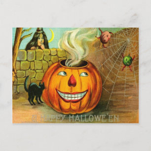 Cartão Postal Abóbora Jack O Lantern Teia de aranha gato preto