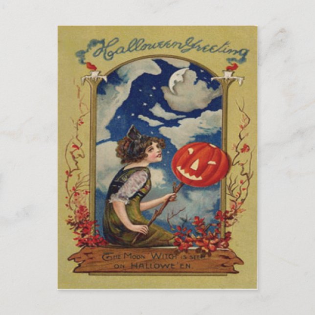 Cartão Postal Abóbora Jack O Lanterna Bruxa Lua (Frente)
