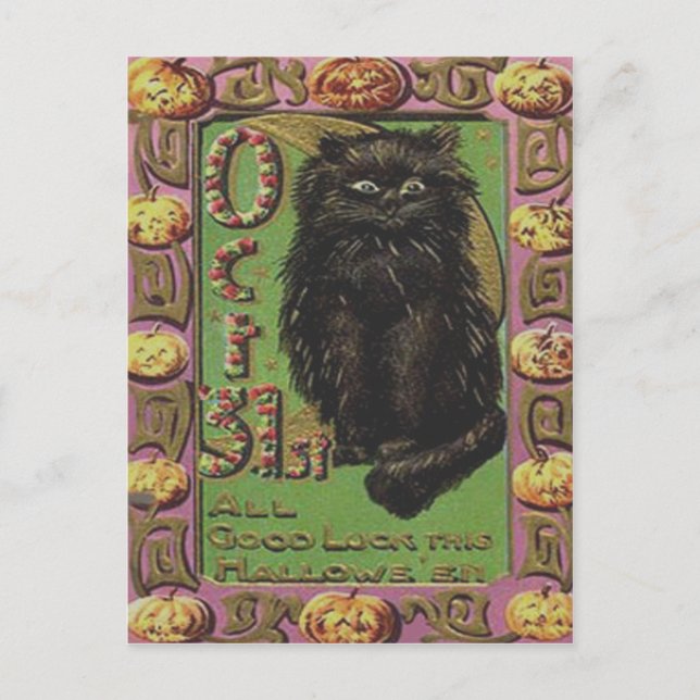 Cartão Postal Abóbora Lanterna Gato Preto (Frente)