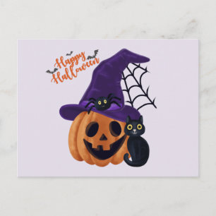 Cartão Postal Abóbora Recortada Feliz Halloween com Gato Preto e