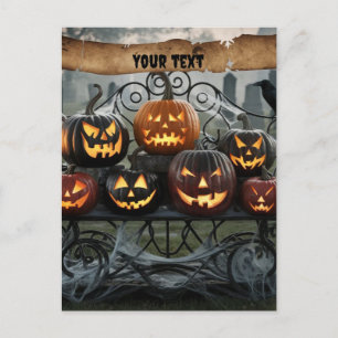 Cartão Postal Abóboras de Halloween assustadoras com teias de ar