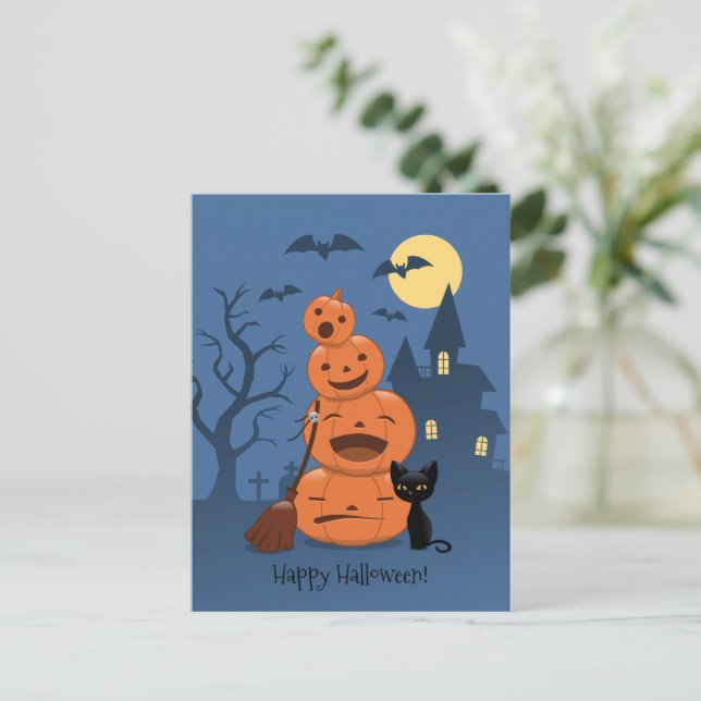 Cartão Postal Abóboras de Halloween e Gato Negro (Em pé/Frente)