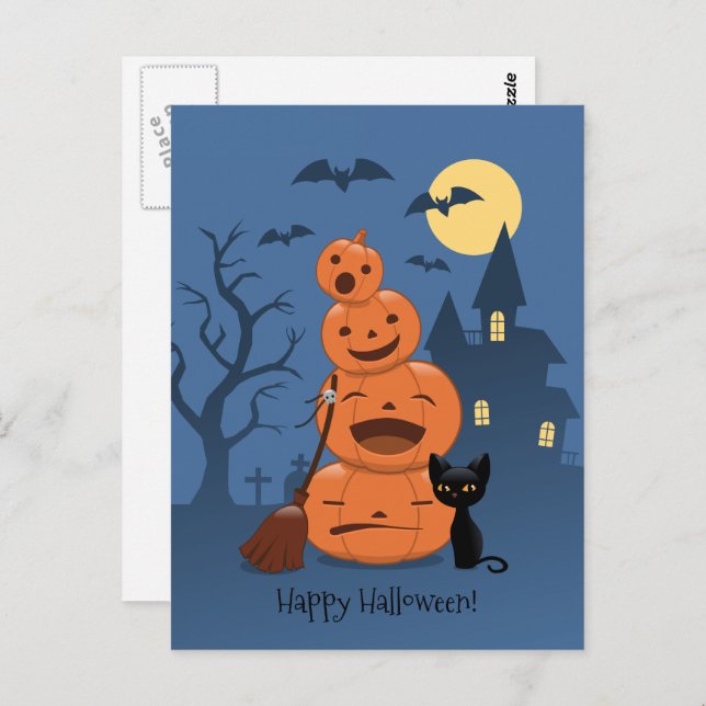Cartão Postal Abóboras de Halloween e Gato Negro (Frente/Verso)
