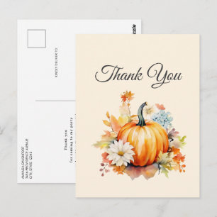 Cartão Postal Abóboras Laranjas e Flores Outono Agradecimento