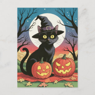 Cartão Postal Abóboras modernas da moda de Halloween e gato pret