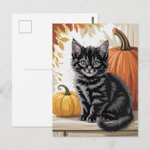 Cartão Postal Abóboras Modernas e Gato Preto de Halloween