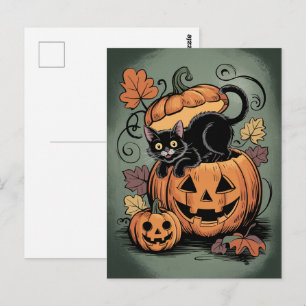 Cartão Postal Abóboras modernas e gato preto de Halloween