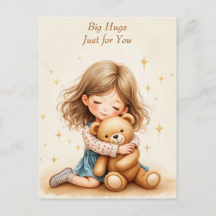 Cartão Postal Abraços Apertados - Menina Fofa Abraçando Urso de