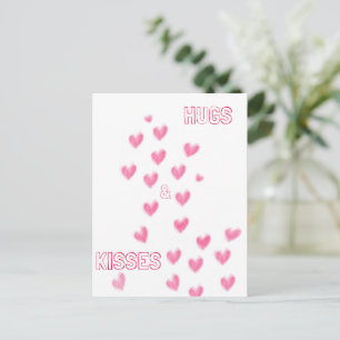 Cartão Postal ABRAÇOS & BEIJOS - Corações cor-de-rosa em aquarel