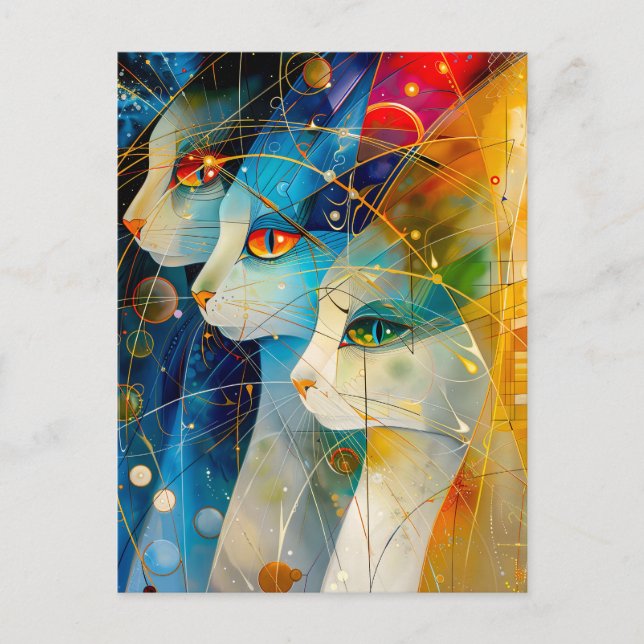 Cartão Postal Abstract cat portrait set against a vibrant galaxy (Frente)