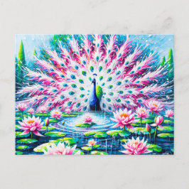 Cartão Postal Abstract Peacock by the Pond with Water Lilies