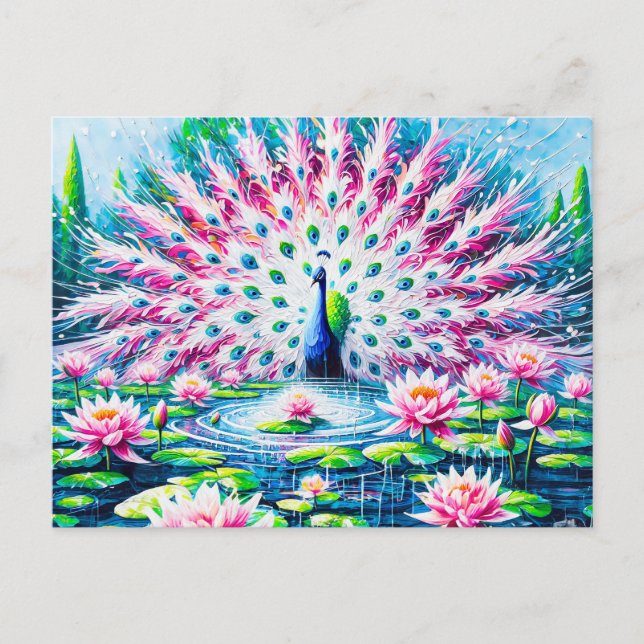 Cartão Postal Abstract Peacock by the Pond with Water Lilies (Frente)