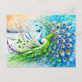 Cartão Postal Abstract Peacock in Spring with Snow and Flower