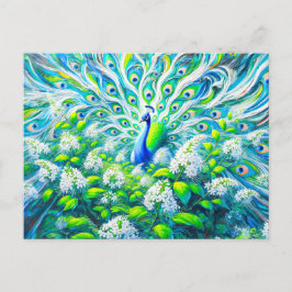 Cartão Postal Abstract Peacock with Bird Cherry Blossoms Paint