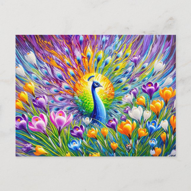 Cartão Postal Abstract Peacock with Crocuses in Oil Paint (Frente)