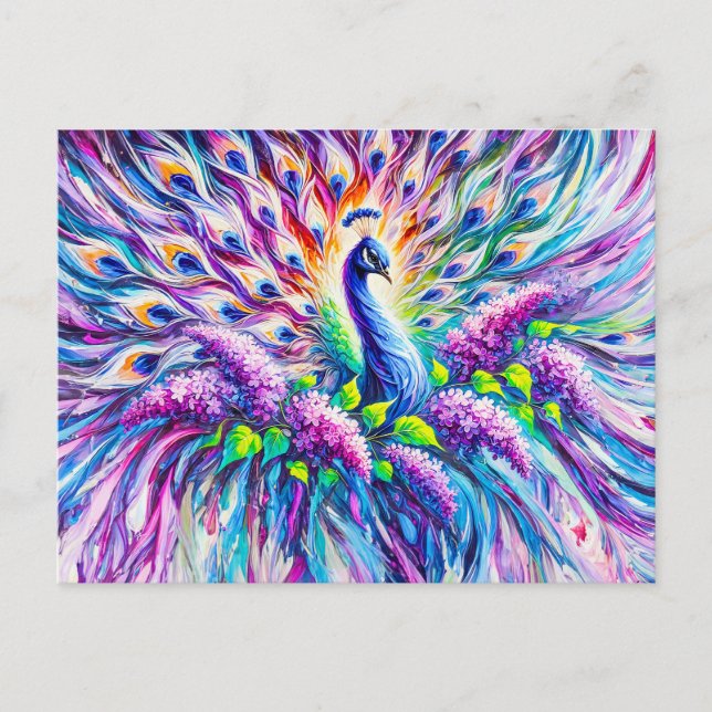 Cartão Postal Abstract Peacock with Lilac Blossoms in Oil (Frente)