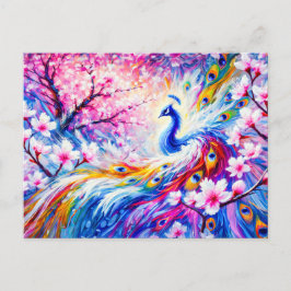 Cartão Postal Abstract Peacock with Peach Tree in Colorful Paint