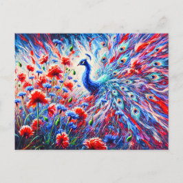 Cartão Postal Abstract Peacock with Poppies and Cornflowers