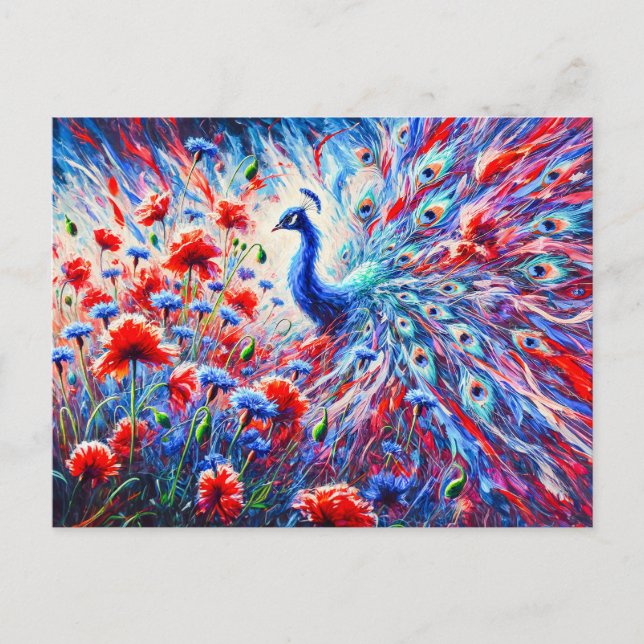 Cartão Postal Abstract Peacock with Poppies and Cornflowers (Frente)