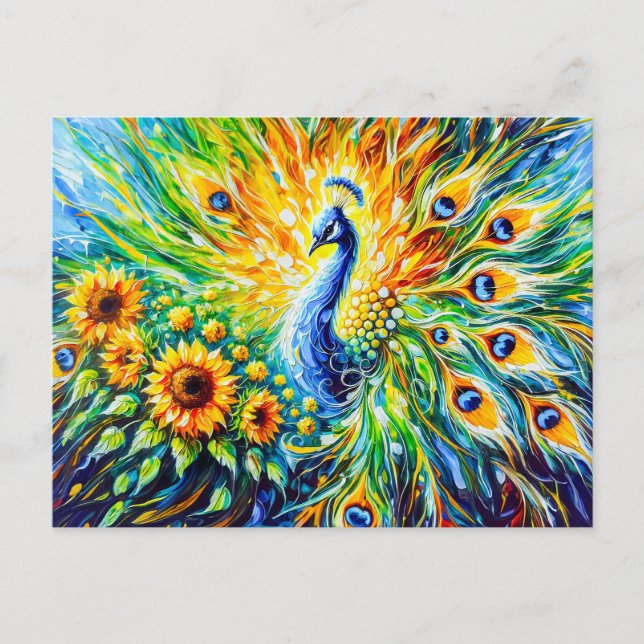 Cartão Postal Abstract Peacock with Sunflowers in Painting (Frente)