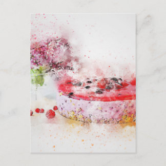 Cartão Postal Abstrato de Aquarela de Fruta de Bolo de Aniversár