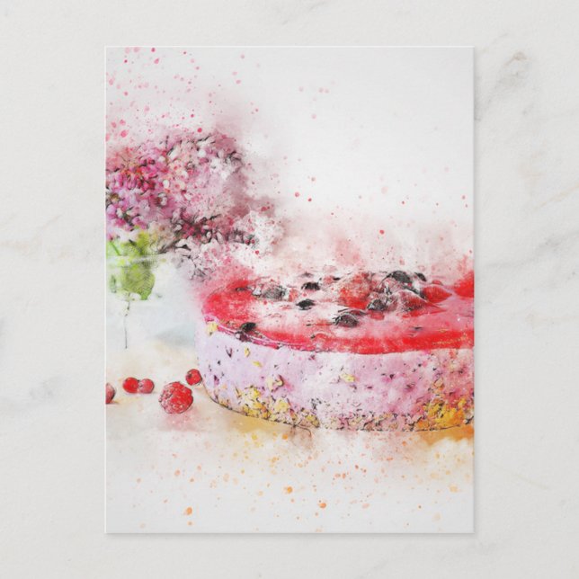 Cartão Postal Abstrato de Aquarela de Fruta de Bolo de Aniversár (Frente)