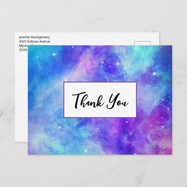 Cartão Postal Abstrato de Espaço da Galáxia Roxa e Azul Obrigado (Frente/Verso)