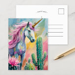 Cartão Postal Abstrato de Whimsical Unicorn e Succults<br><div class="desc">Uma pintura abstrato moderna, com um unicórnio cercado por cactos e suculentos de cor pastel. O unicórnio, pintado em linhas fluentes e cores vibrantes, se destaca contra os tons suaves de pinças escamosas, verdes de menta e azuis claros nas plantas do deserto. Essa composição lúdica e imaginativa combina a aura...</div>