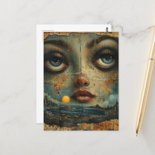 Cartão Postal Abstrato Face Blue Eyes Grunge Beach