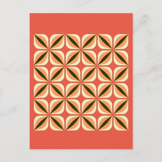 Cartão Postal Abstrato Geométrico Deixa Flores Laranja Vermelho (Frente)