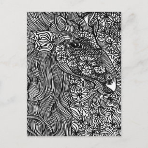 Cartão Postal Abstrato Horse face Flores Tinta Original