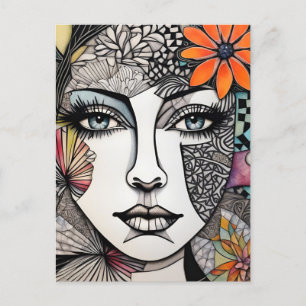Cartão Postal Abstrato Mixed Media Womans Face