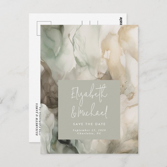 Cartão Postal Abstrato Pintado Modern Sage Green Salvar a Data (Frente/Verso)