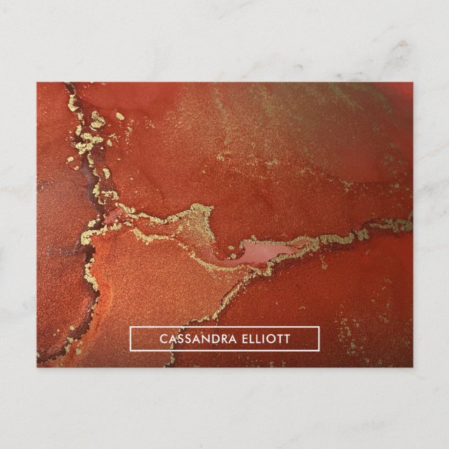 Cartão Postal Abstrato Red & Dourado Tinta Álcool Arte Líquida (Frente)