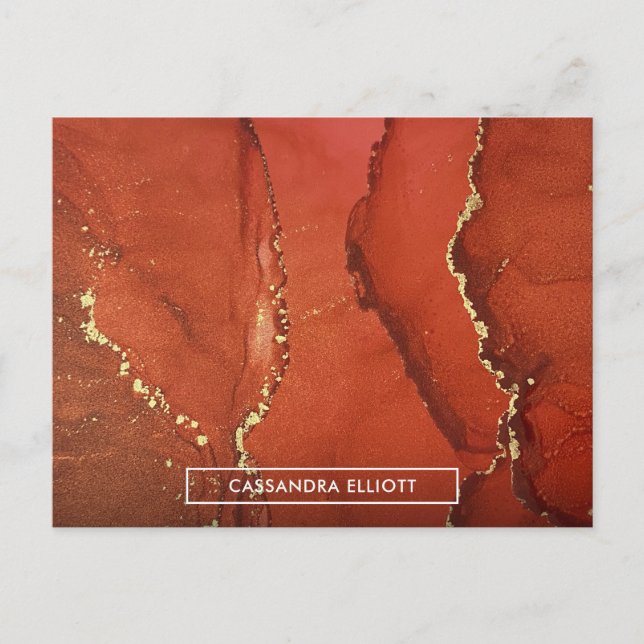 Cartão Postal Abstrato Red & Dourado Tinta Álcool Arte Líquida (Frente)
