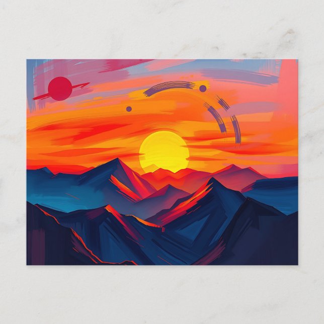 Cartão Postal Abstrato Sunset sobre Montanhas com Fiery (Frente)