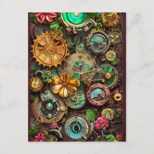 Cartão Postal Abstrato Surreal Gears Flowers Steampunk Art