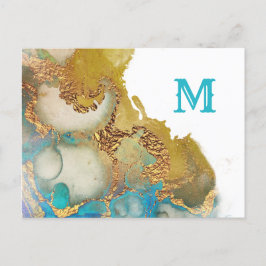 Cartão Postal Abstrato Teal Dourado Agate Monograma de Aquarela