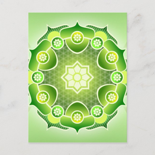 Cartão Postal Abstrato Verde Mandala Coração Espiritual Chakra (Frente)