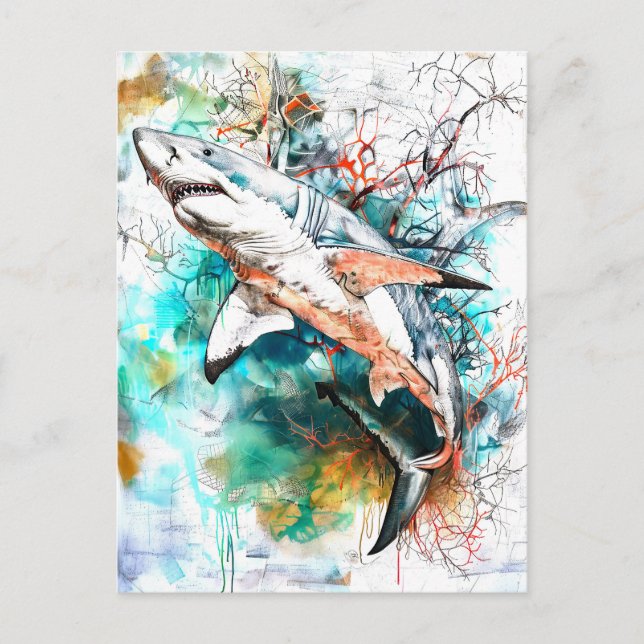 Cartão Postal Abstrato Watercolor Ilustração de Tubarão (Frente)