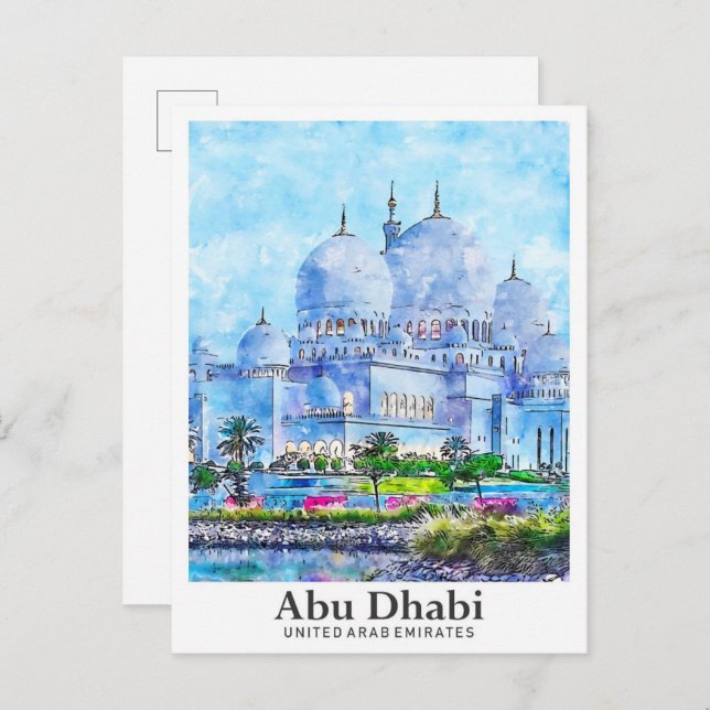 Cartão Postal Abu Dhabi UAE Viagem Watercolor Desenhado (Frente/Verso)