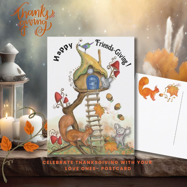 Cartão Postal Ação de Amizade em Woodland - Entretenimento Treeh (Woodland Friendsgiving - Entchanted Treehouse Postcard)