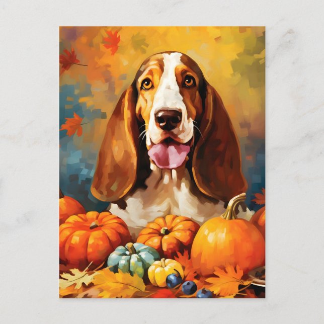 Cartão Postal Ação de Graças de Basset Hound Autumn (Frente)